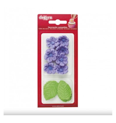 Conjunto8 FLORES VIOLETAS Y 5 HOLAS VERDES DE AZUCAR DEKORA ( 230063)