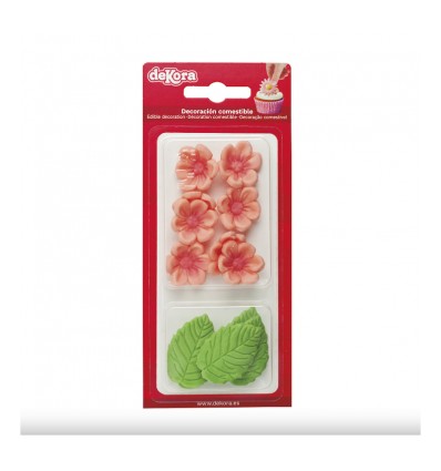 Conjunto 8 FLORES ROSAS DE ÁZUCAR Y 5 HOJAS VERDES DEKORA (230061)