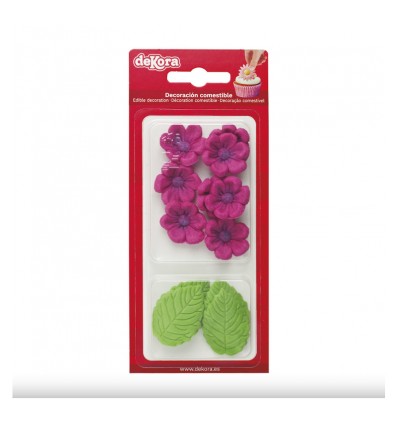 Conjunto 8 FLORES FUCSIA DE ÁZUCAR Y 5 HOJAS VERDES DEKORA