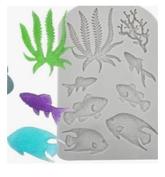Molde silicona diferentes peces y algas de mar.