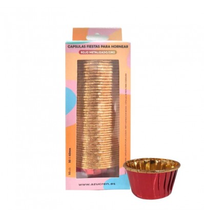 50 CAPSULAS FIESTAS ROJO METALIZADO/ORO AZUCREN ( 5 CM. DIÁMETRO X 4 CM. ALTURA )